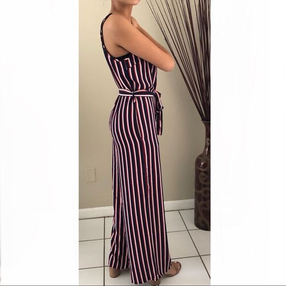 Ambiance Sleeveless Jumpsuit M Striped Pockets Adjustable Straps Red White Navy - Picture 4 of 11